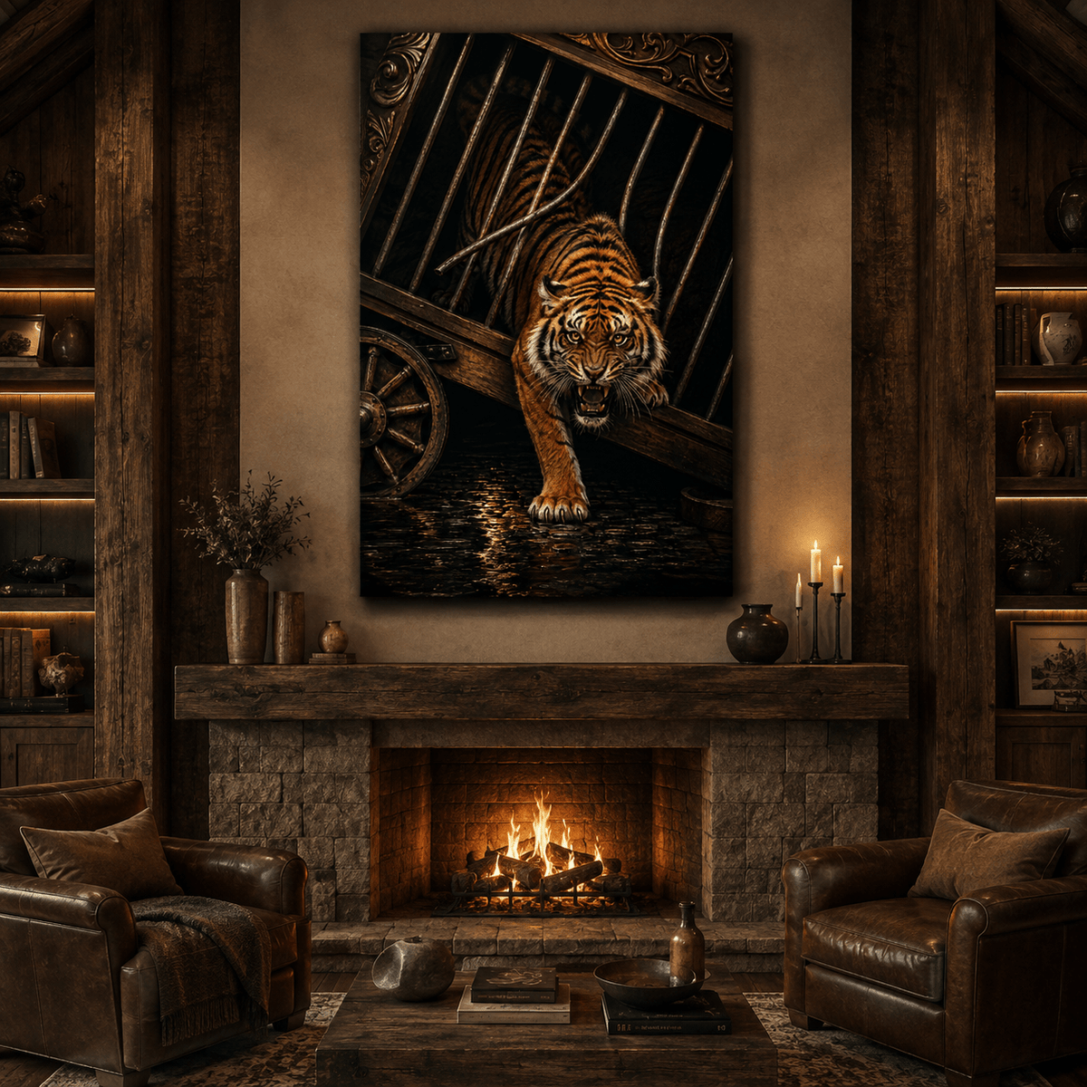 Fierce Tiger Escaping Vintage Circus Cage Wrapped Canvas Wall Art – Dramatic Big Cat Wildlife Print - ART OF ROYALS