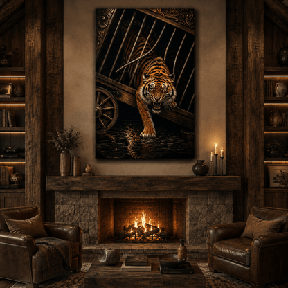 Fierce Tiger Escaping Vintage Circus Cage Wrapped Canvas Wall Art – Dramatic Big Cat Wildlife Print - ART OF ROYALS