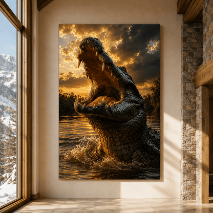Alligator at Sunset Wrapped Canvas Wall Art – Open Jaw Swamp Wildlife Print - ART OF ROYALS