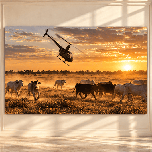 Cattle Mustering Helicopter Wrapped Canvas Wall Art – Sunset Ranch Herd Western Print - ART OF ROYALS