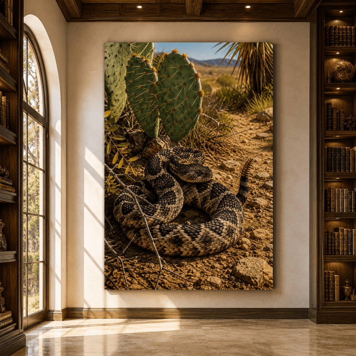 Coiled Rattlesnake in Desert Cactus Wrapped Canvas Wall Art – Southwestern Reptile Wildlife Print - ART OF ROYALS