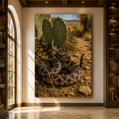 Coiled Rattlesnake in Desert Cactus Wrapped Canvas Wall Art – Southwestern Reptile Wildlife Print - ART OF ROYALS