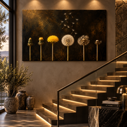 Dandelion Life Cycle Wrapped Canvas Wall Art – Golden Botanical Transformation Painting