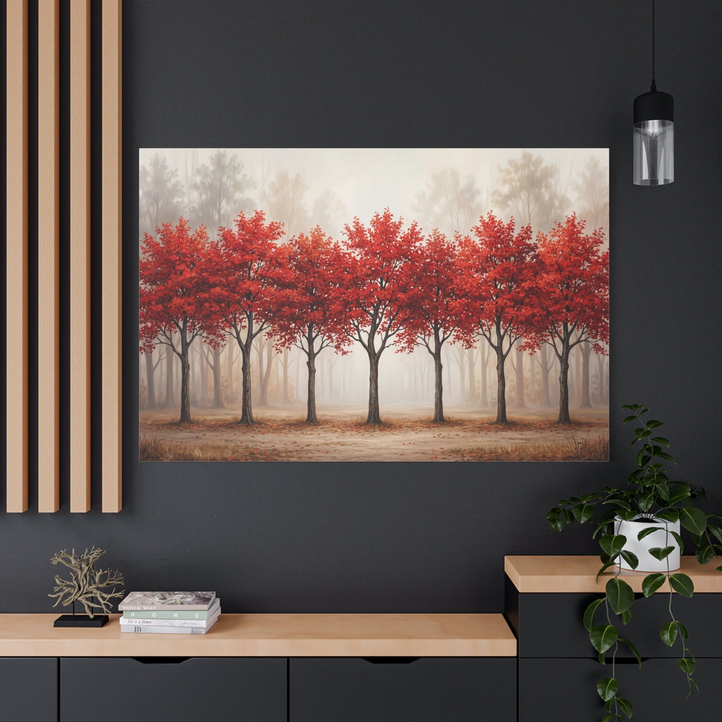 Symmetrical Red Autumn Trees – Minimalist Forest Canvas Wall Art