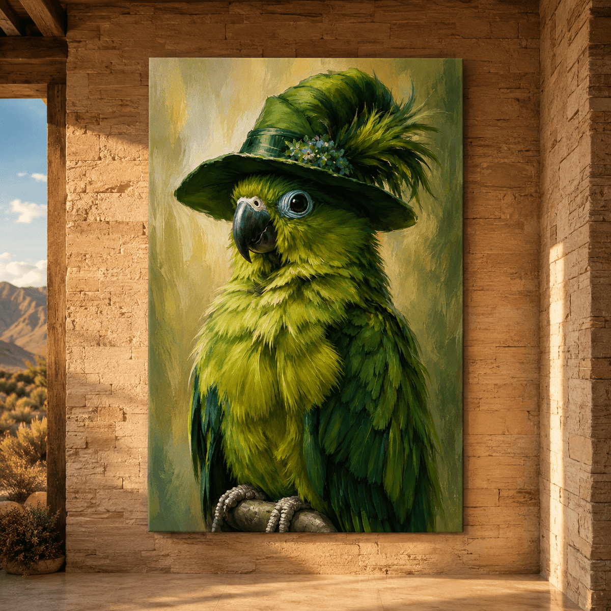 Green Parrot in Feathered Hat Wrapped Canvas Wall Art – Whimsical Tropical Bird Portrait Print - ART OF ROYALS
