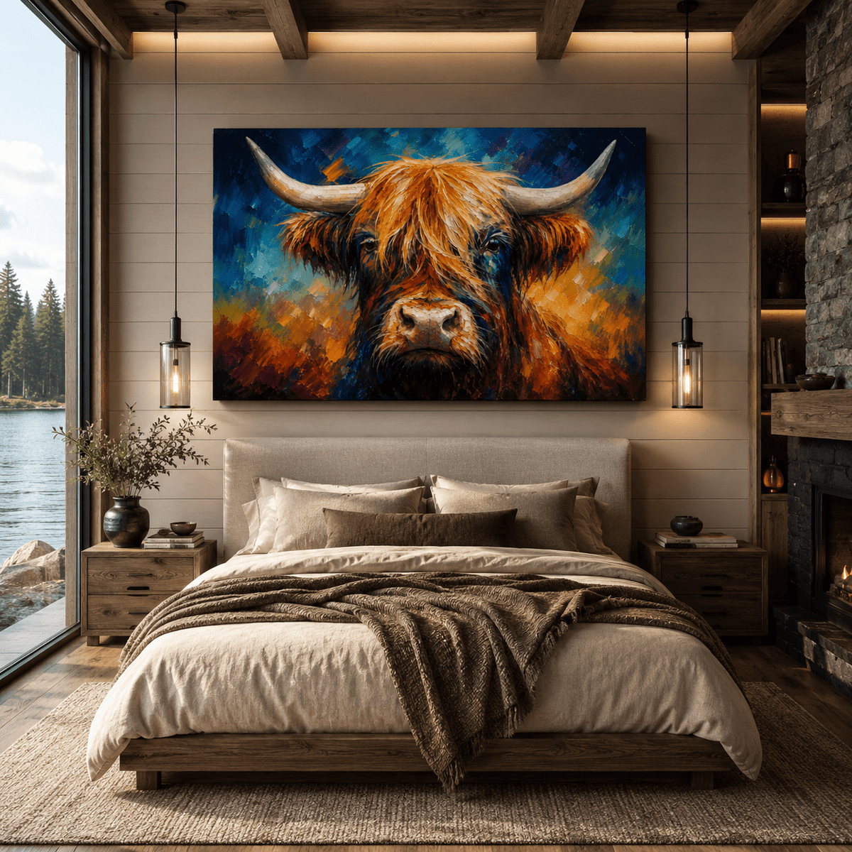 Colorful Highland Cow Wrapped Canvas Wall Art – Abstract Long Horn Cattle Portrait Print - ART OF ROYALS