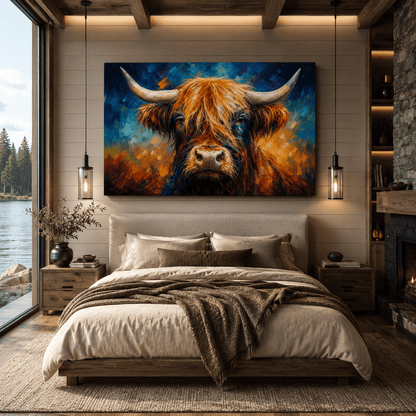 Colorful Highland Cow Wrapped Canvas Wall Art – Abstract Long Horn Cattle Portrait Print - ART OF ROYALS