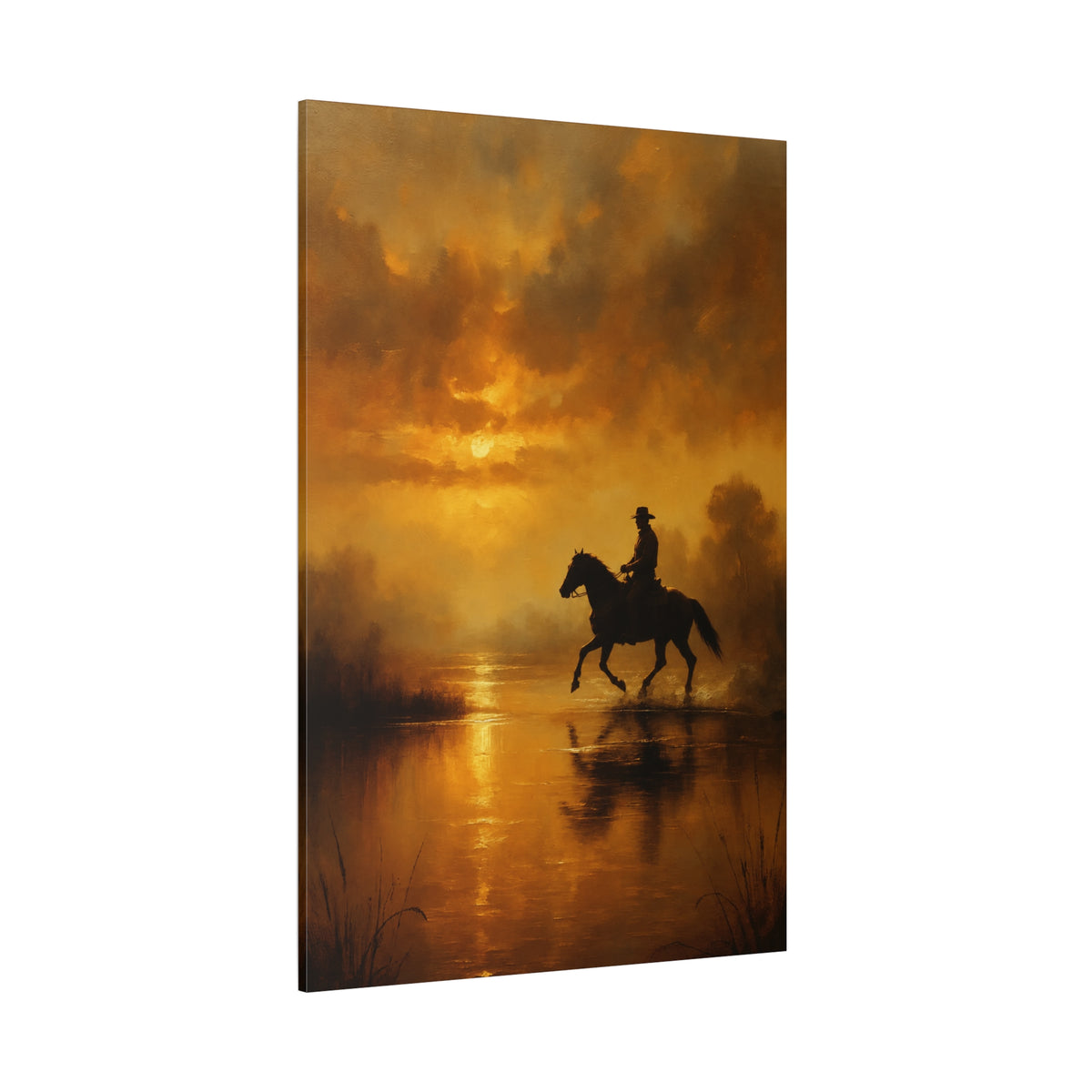 Golden River Crossing – Cowboy on Horseback Sunset Canvas Wall Art - ART OF ROYALS