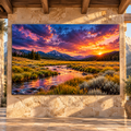 Mountain Valley Sunset Wrapped Canvas Wall Art – Golden River & Dramatic Sky Landscape