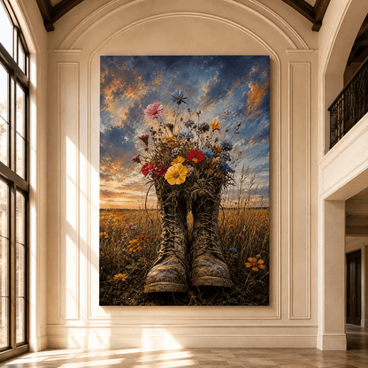 Wildflower-Filled Cowboy Boots Wrapped Canvas Wall Art – Rustic Western Floral Country Print - ART OF ROYALS
