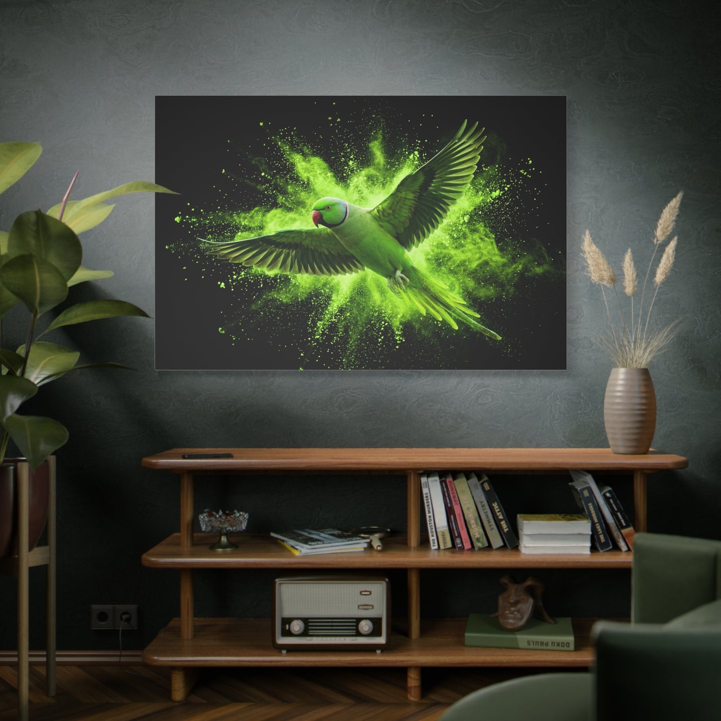 Neon Green Parrot Burst – Dynamic Abstract Wildlife Canvas Wall Art