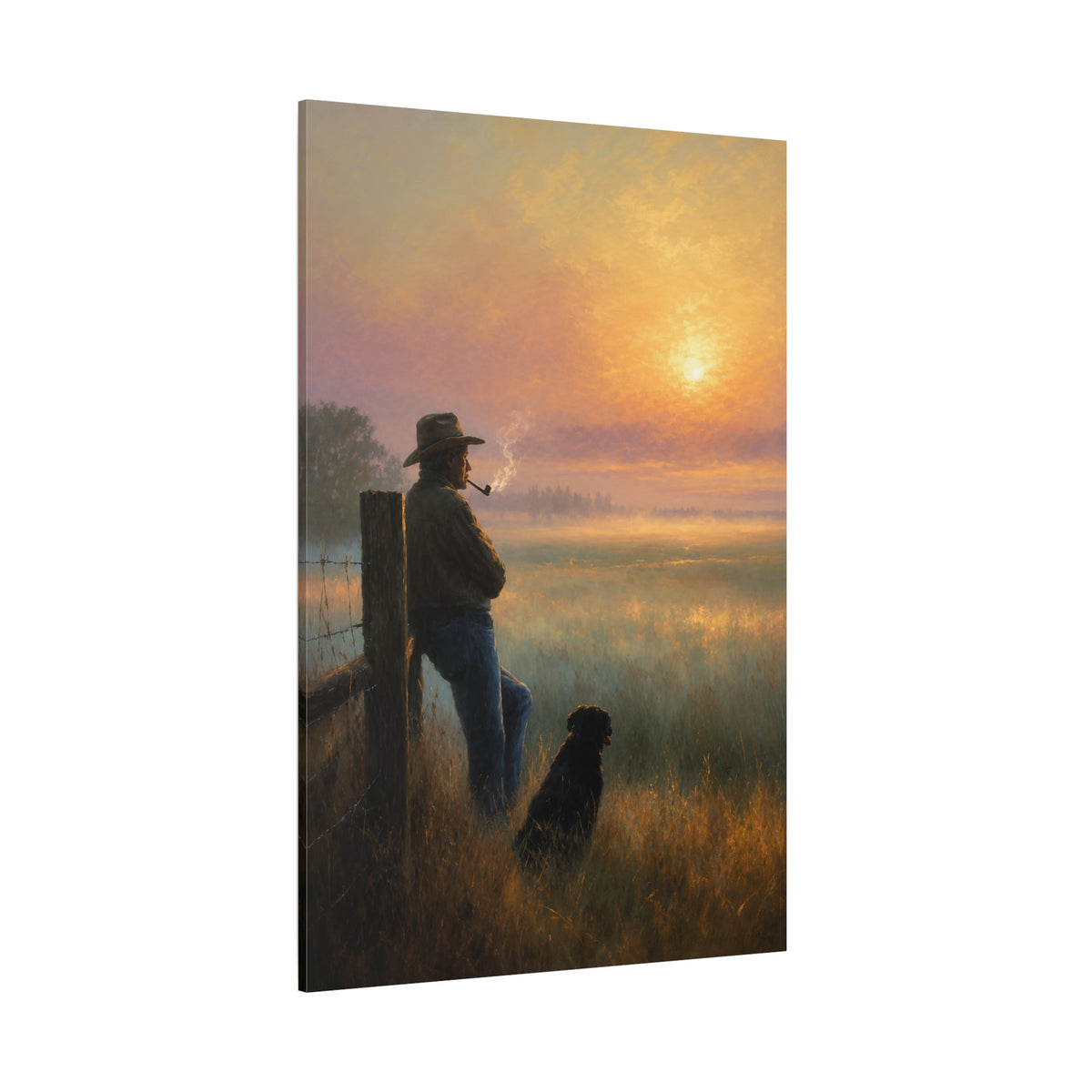 Rancher's Sunrise – Cowboy and Dog Fence Line Canvas Wall Art - ART OF ROYALS
