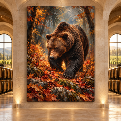 Grizzly Bear in Autumn Forest Wrapped Canvas Wall Art – Rustic Woodland Wildlife Painting