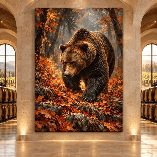 Grizzly Bear in Autumn Forest Wrapped Canvas Wall Art – Rustic Woodland Wildlife Painting - ART OF ROYALS