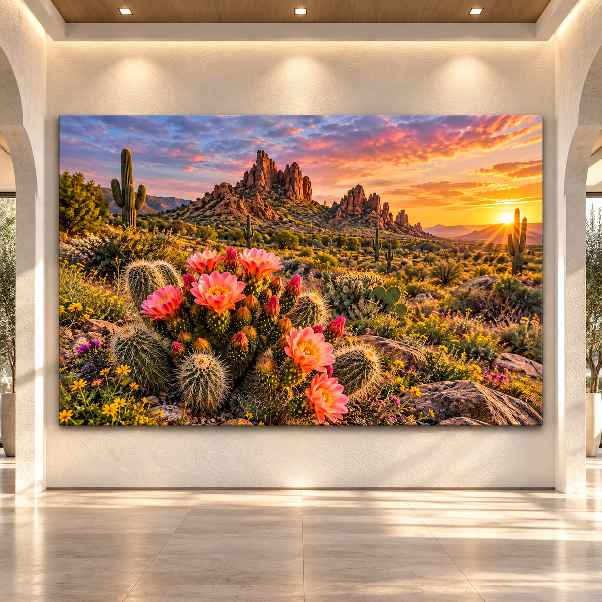Blooming Desert Cactus at Sunset Wrapped Canvas Wall Art – Southwest Arizona Landscape Print