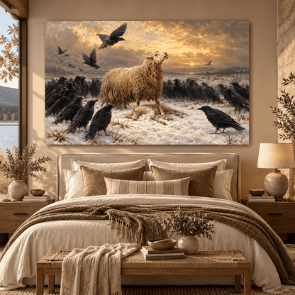 Protective Ewe & Lamb with Ravens in Snow Wrapped Canvas Wall Art – Dramatic Winter Farm Animal Painting - ART OF ROYALS