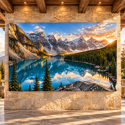 Turquoise Alpine Lake at Golden Sunrise Wrapped Canvas Wall Art – Snow-Capped Mountain & Evergreen Forest Landscape Print