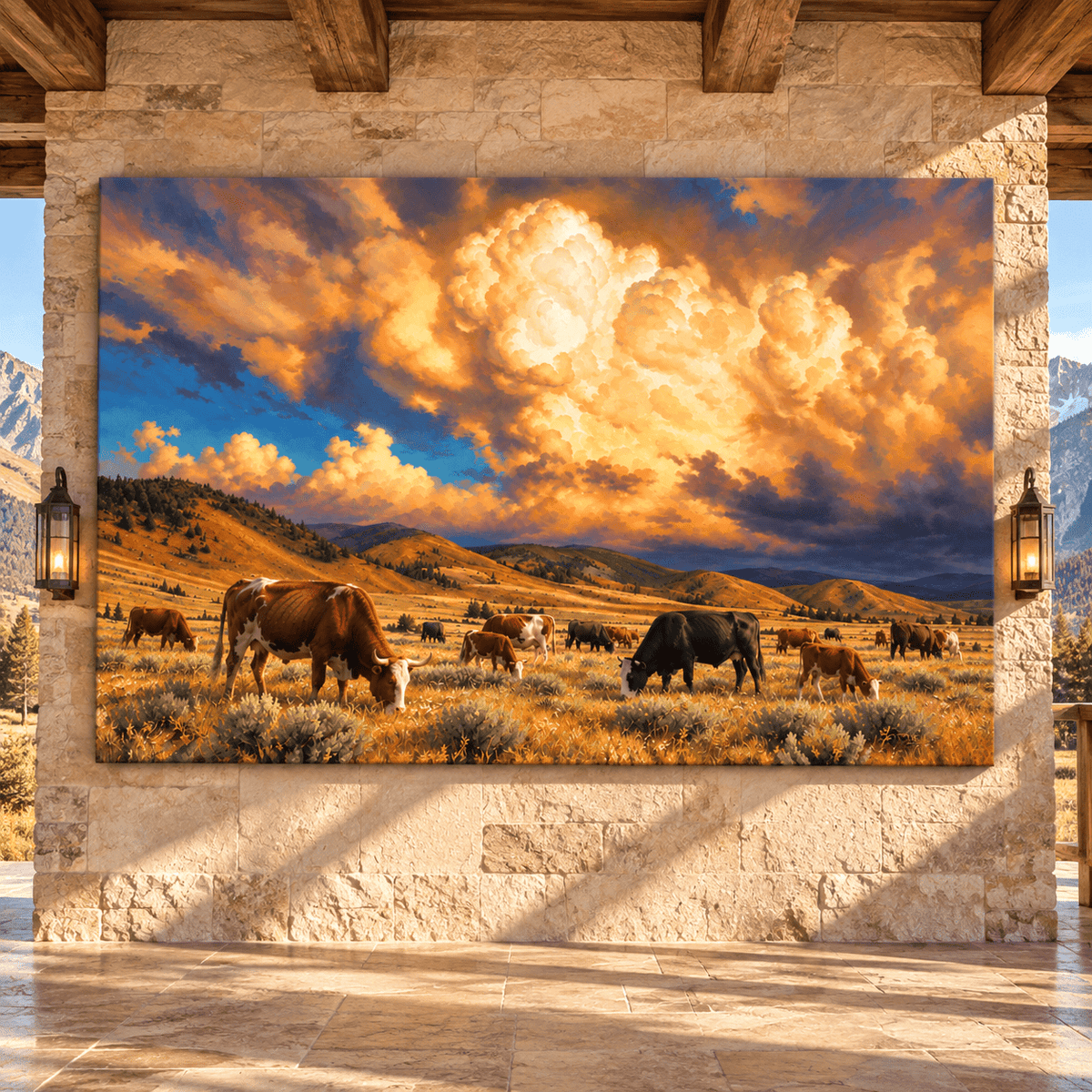 Grazing Cattle Under Golden Storm Clouds Wrapped Canvas Wall Art – Western Ranch Pasture Landscape - ART OF ROYALS