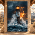 Stormy Lighthouse Wrapped Canvas Wall Art – Ocean Waves & Glowing Beacon Coastal Print