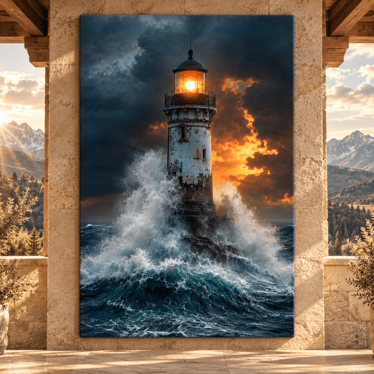 Stormy Lighthouse Wrapped Canvas Wall Art – Ocean Waves & Glowing Beacon Coastal Print - ART OF ROYALS