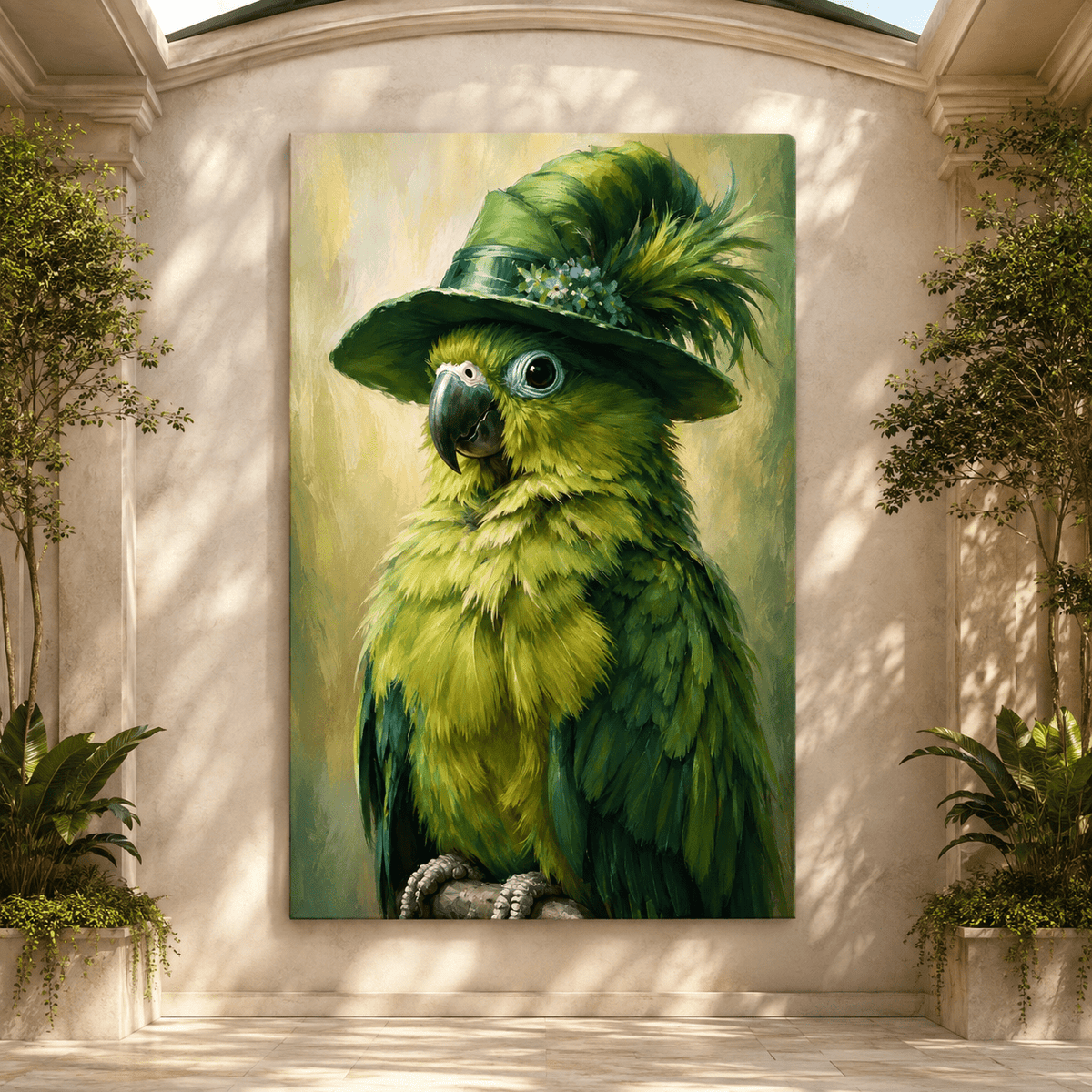 Green Parrot in Feathered Hat Wrapped Canvas Wall Art – Whimsical Tropical Bird Portrait Print - ART OF ROYALS