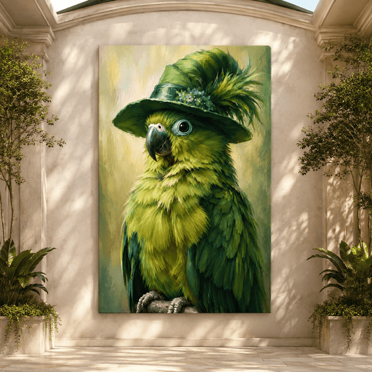 Green Parrot in Feathered Hat Wrapped Canvas Wall Art – Whimsical Tropical Bird Portrait Print - ART OF ROYALS