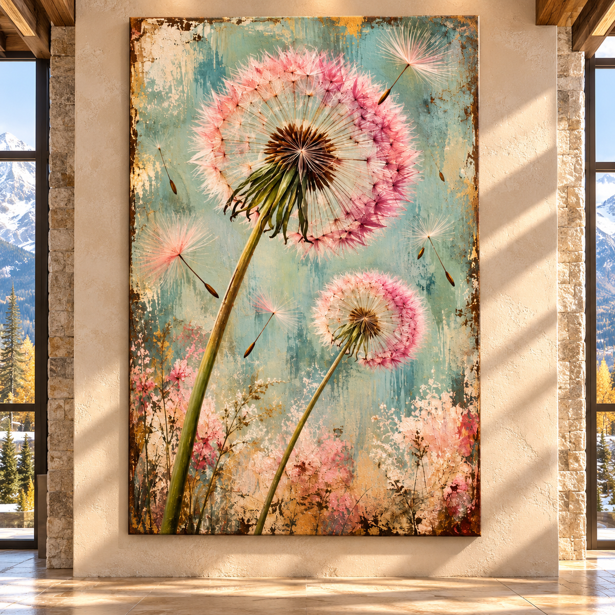 Pink Dandelion Wrapped Canvas Wall Art – Vintage Botanical Wildflower Painting