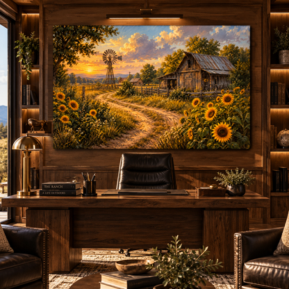 Rustic Farm at Golden Sunset Wrapped Canvas Wall Art – Sunflower Field, Windmill & Old Barn Country Landscape Print