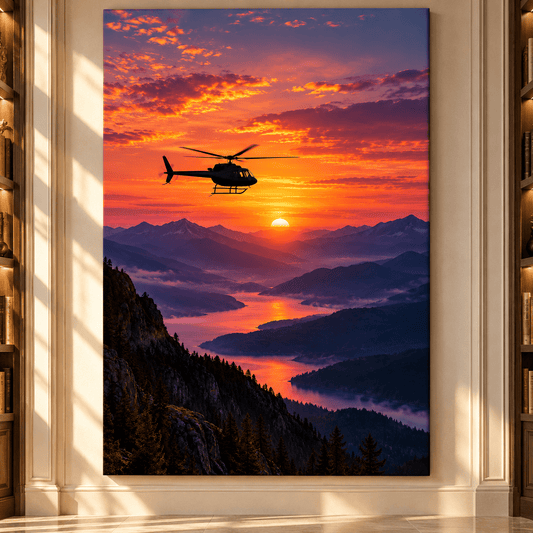 Helicopter Over Mountain Lake at Sunset Wrapped Canvas Wall Art – Dramatic Aviation Landscape Print - ART OF ROYALS