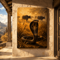 King Cobra in the Golden Savanna Wrapped Canvas Wall Art – Classical Oil Painting Wildlife Print