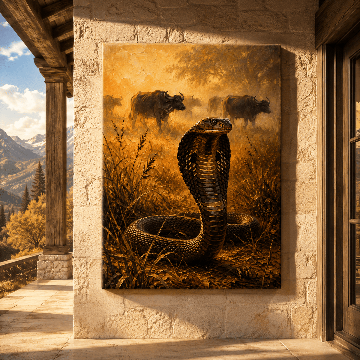 King Cobra in the Golden Savanna Wrapped Canvas Wall Art – Classical Oil Painting Wildlife Print - ART OF ROYALS