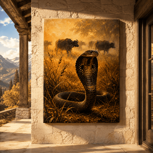 King Cobra in the Golden Savanna Wrapped Canvas Wall Art – Classical Oil Painting Wildlife Print - ART OF ROYALS