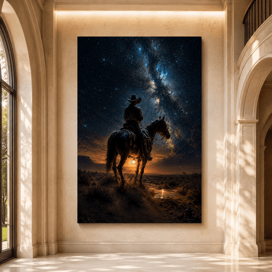 Cowboy Riding Horse Under Milky Way Wrapped Canvas Wall Art – Western Starry Night Landscape Print - ART OF ROYALS