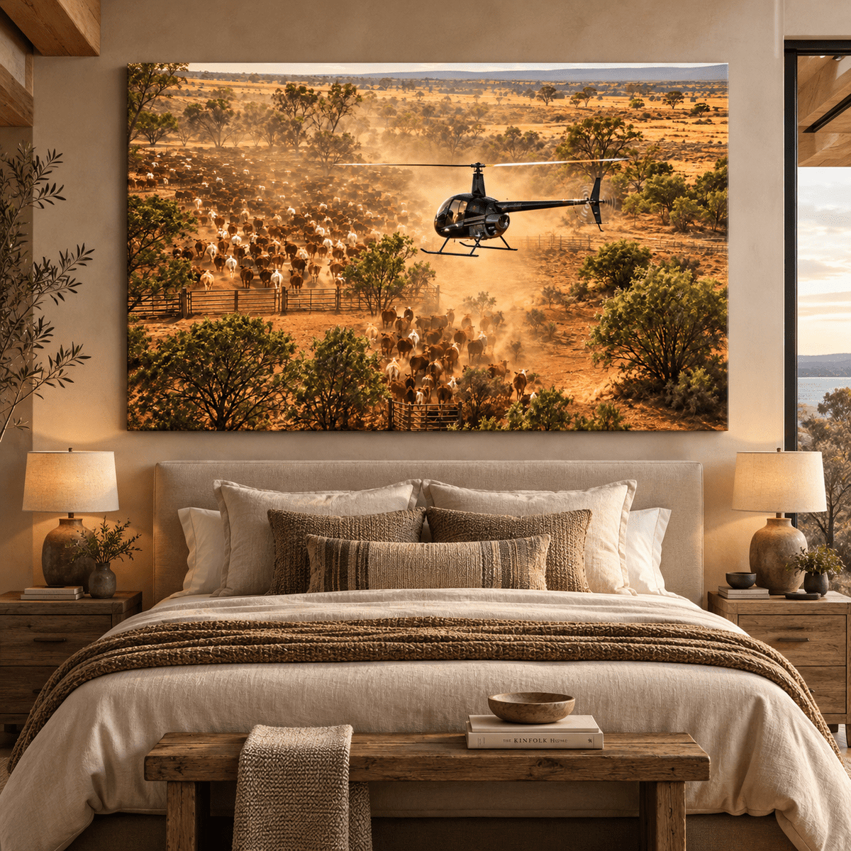 Helicopter Mustering Massive Cattle Herd Wrapped Canvas Wall Art – Dusty Ranch Aviation Landscape Print - ART OF ROYALS