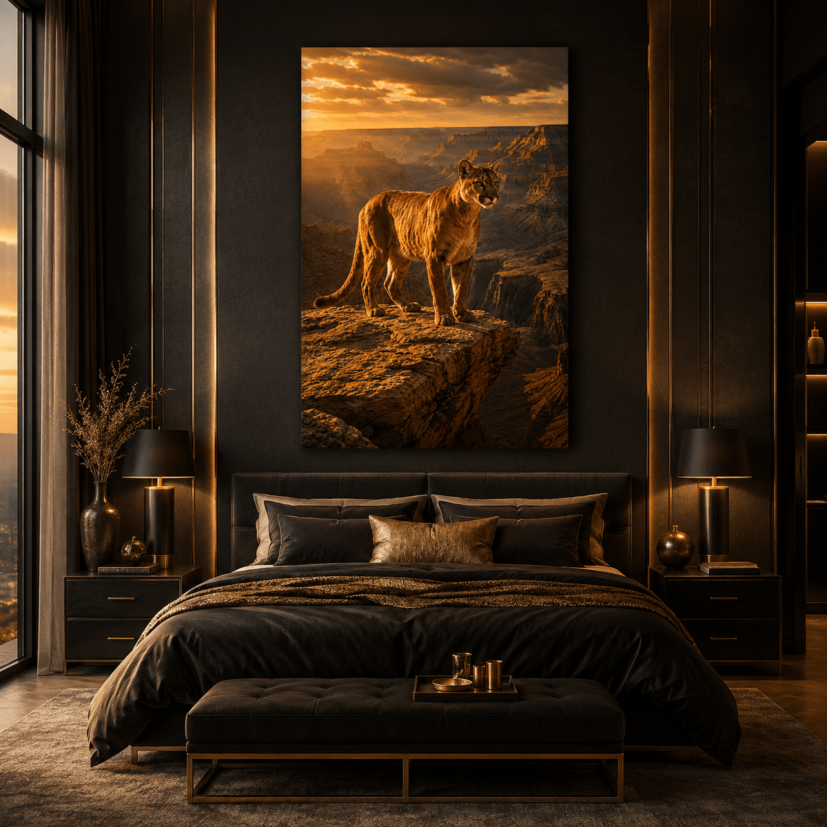 Mountain Lion on Canyon Cliff Wrapped Canvas Wall Art – Cougar at Golden Sunset Wildlife Print - ART OF ROYALS