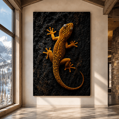 Orange Gecko Wrapped Canvas Wall Art – Golden Spotted Lizard on Dark Rock Print - ART OF ROYALS