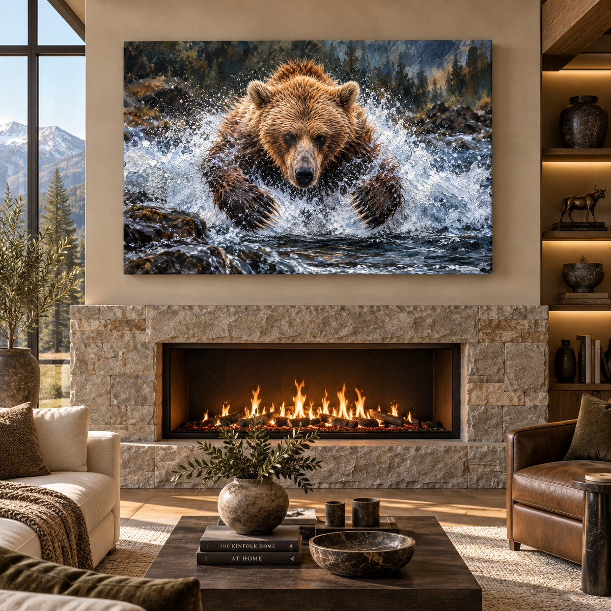 Charging Grizzly Bear in Rushing River Wrapped Canvas Wall Art – Dramatic Wildlife Painting