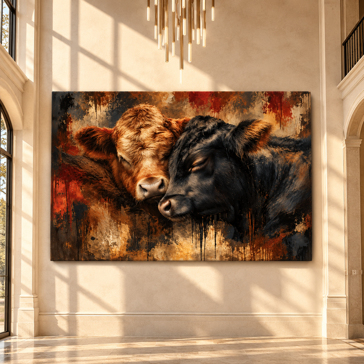 Hereford & Black Angus Cattle Wrapped Canvas Wall Art – Rustic Cow Pair Painting