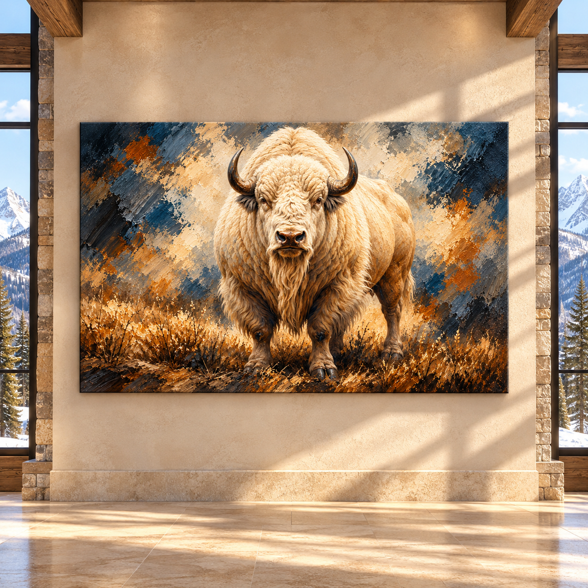 White American Bison Wrapped Canvas Wall Art – Majestic White Buffalo Wildlife Painting