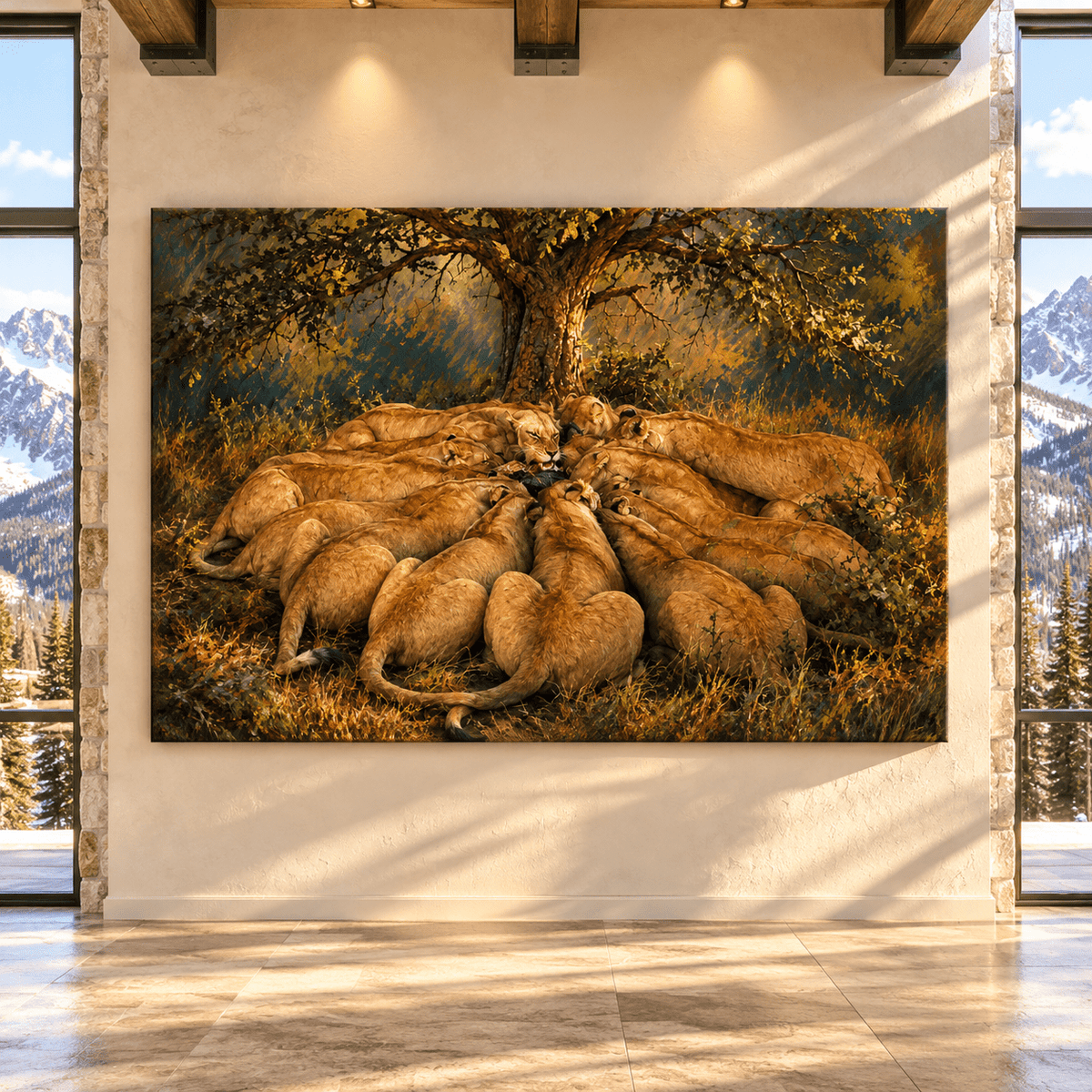 Lioness Pride Feeding Canvas Wall Art – African Lions Under Acacia Tree Wildlife Oil Painting - ART OF ROYALS