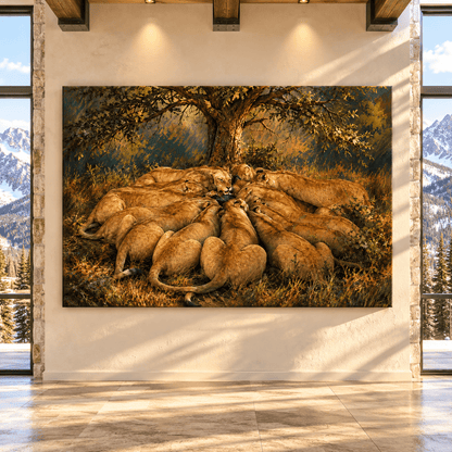 Lioness Pride Feeding Canvas Wall Art – African Lions Under Acacia Tree Wildlife Oil Painting - ART OF ROYALS
