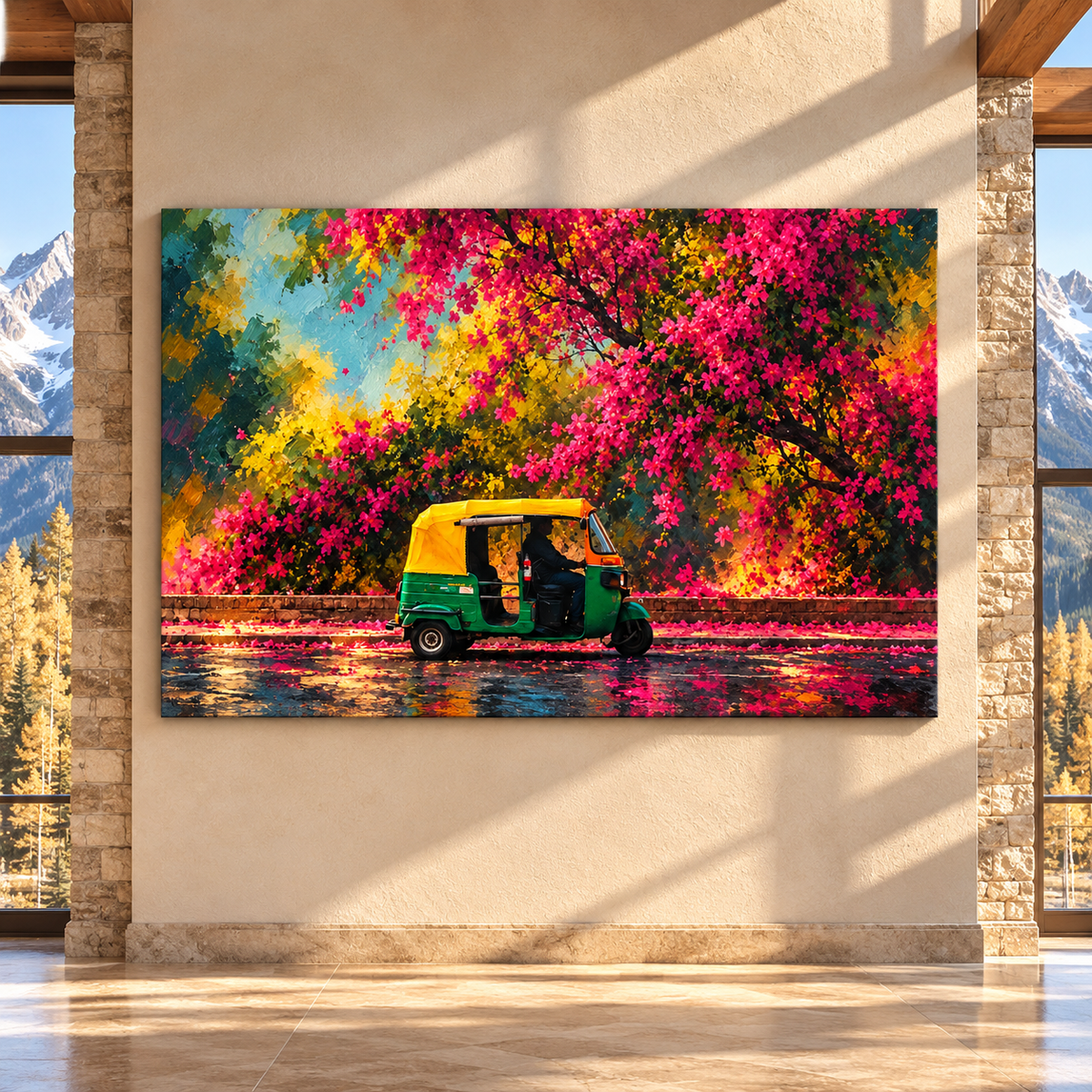 Colorful Indian Auto Rickshaw Canvas Wall Art – Green Tuk Tuk Under Pink Bougainvillea Oil Painting - ART OF ROYALS