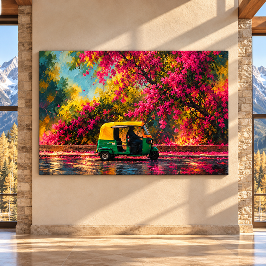 Colorful Indian Auto Rickshaw Canvas Wall Art – Green Tuk Tuk Under Pink Bougainvillea Oil Painting - ART OF ROYALS