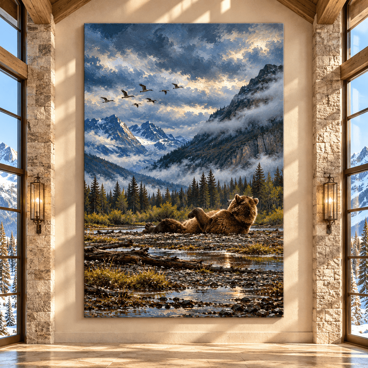 Grizzly Bear Relaxing by Mountain River Canvas Wall Art – Peaceful Bear in Alpine Wilderness Oil Painting - ART OF ROYALS
