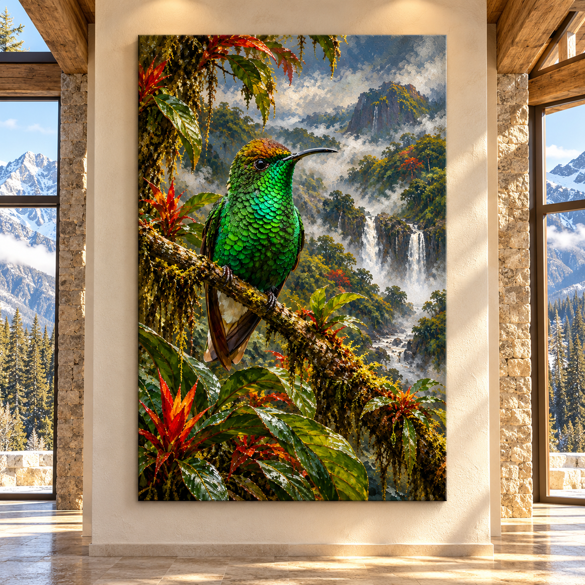 Emerald Green Hummingbird Canvas Wall Art – Tropical Rainforest Waterfall Bird Oil Painting - ART OF ROYALS