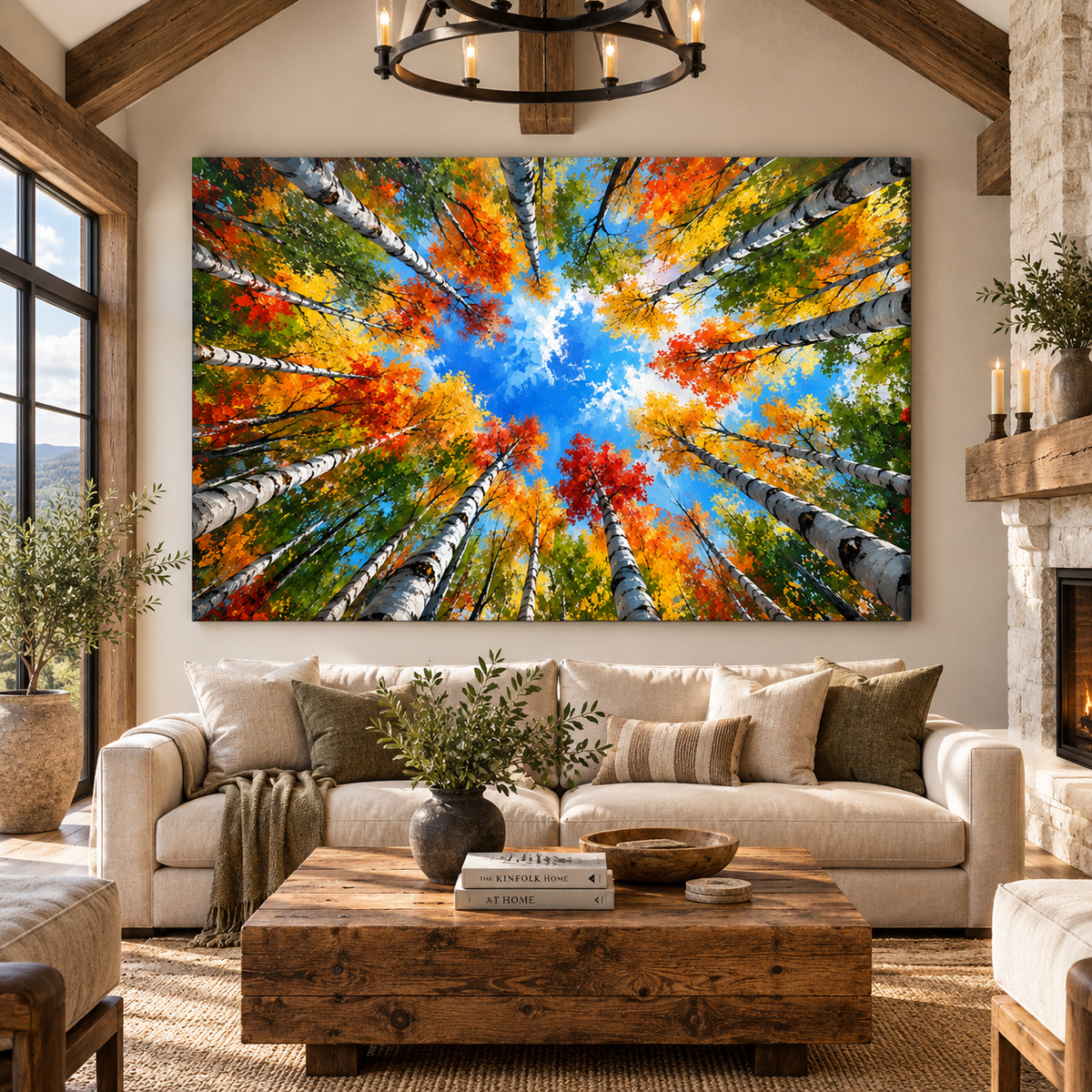 Autumn Birch Forest Wrapped Canvas Wall Art – Colorful Looking-Up Aspen Woodland Painting