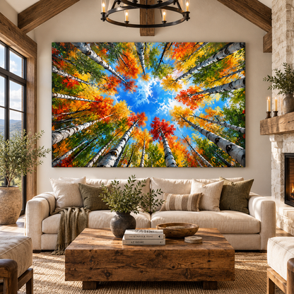 Autumn Birch Forest Wrapped Canvas Wall Art – Colorful Looking-Up Aspen Woodland Painting