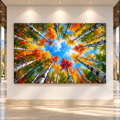 Autumn Birch Forest Wrapped Canvas Wall Art – Colorful Looking-Up Aspen Woodland Painting