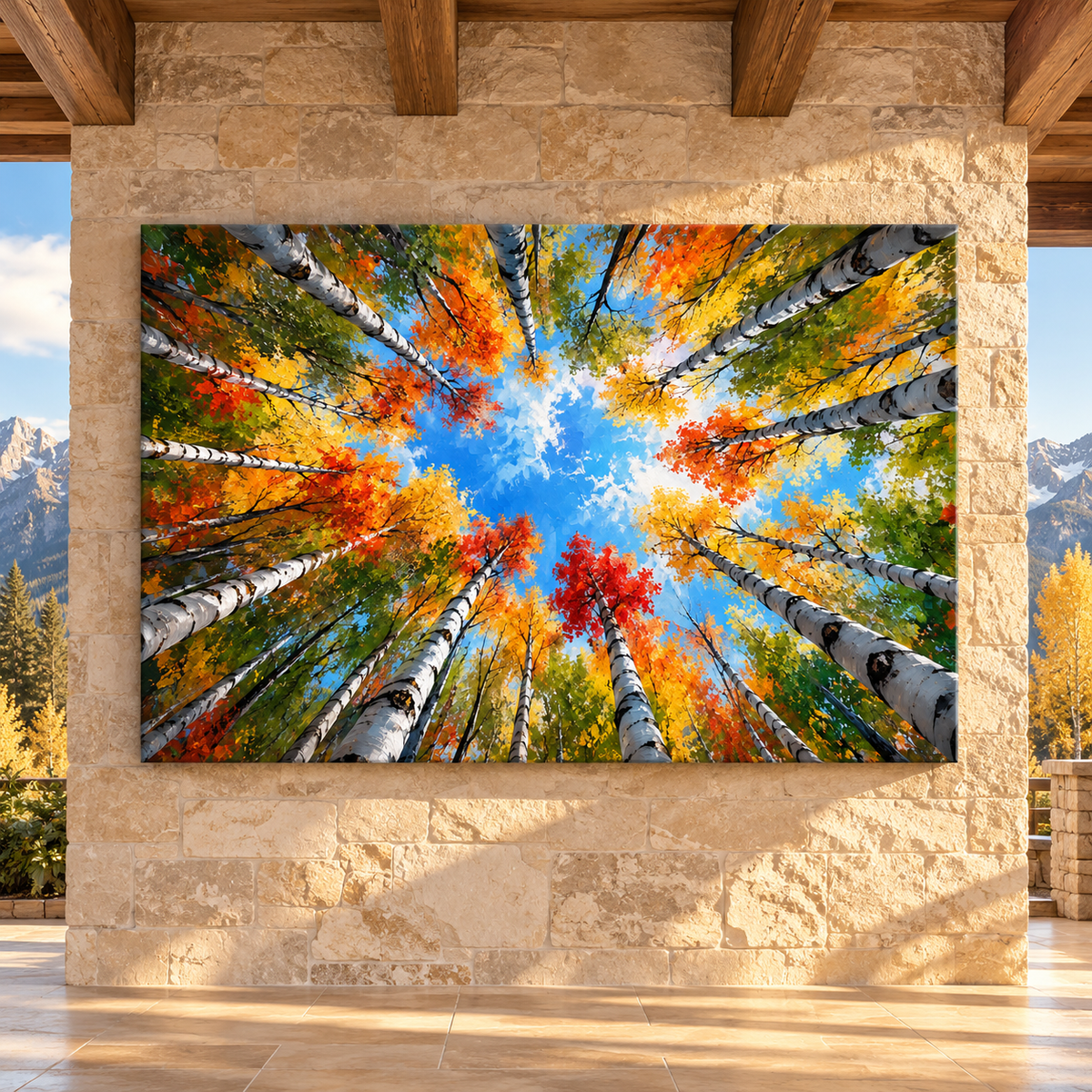 Autumn Birch Forest Wrapped Canvas Wall Art – Colorful Looking-Up Aspen Woodland Painting