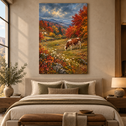 Brown and White Cow Wrapped Canvas Wall Art – Autumn Farm Landscape Painting